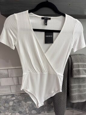 Forever 21 White Ribbed Wrap-Front Short Sleeve Bodysuit